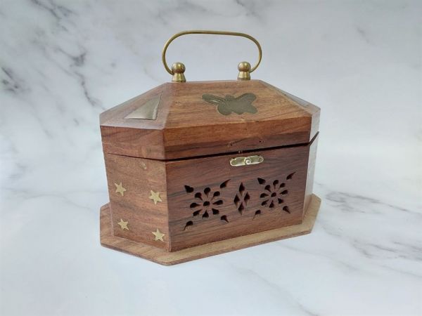 Carved oud wood chest with brass handle and trim for aromatic bakhoors